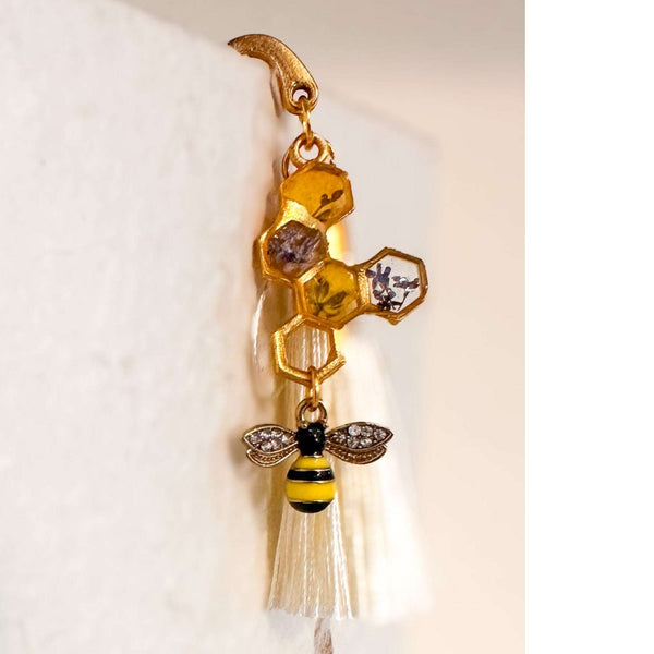 Golden Hive Bookmark honey bee bookmark handmade with real dried flowers in gold honeycomb and rhinestone bee charm