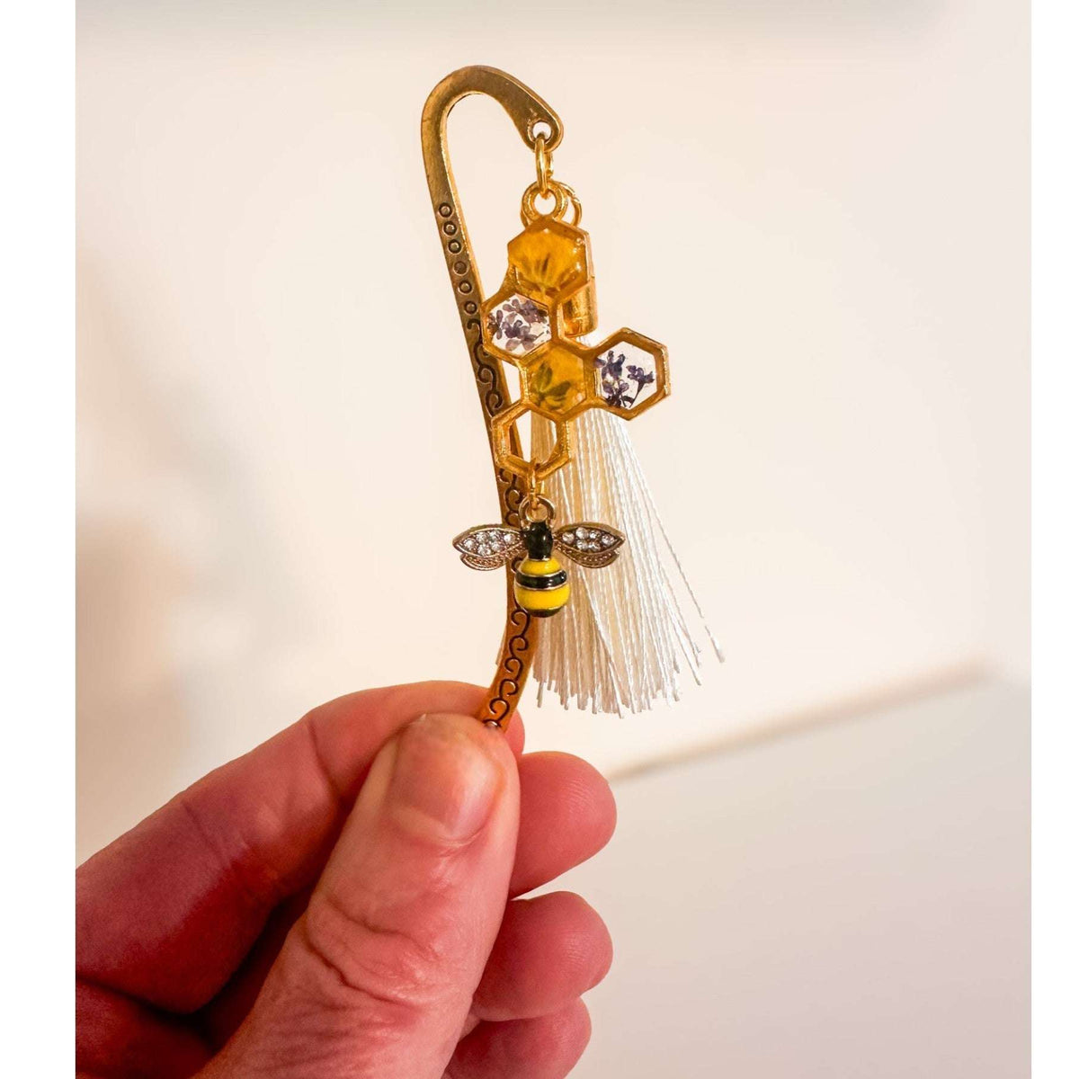Golden Hive Bookmark honey bee bookmark handmade with real dried flowers in gold honeycomb and rhinestone bee charm