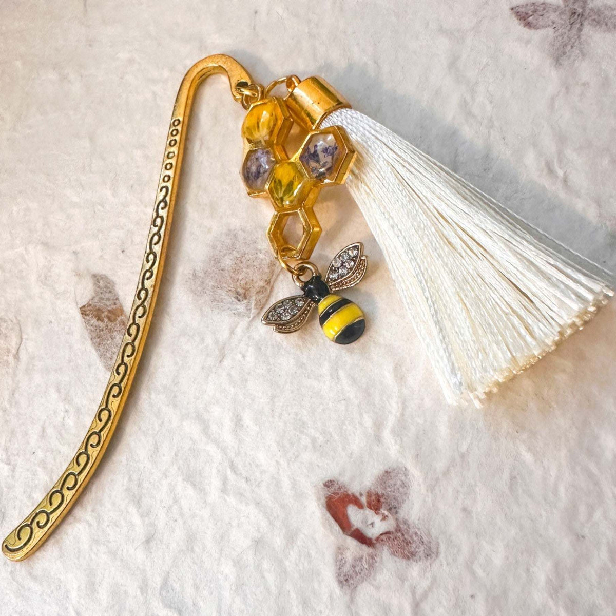 Golden Hive Bookmark honey bee bookmark handmade with real dried flowers in gold honeycomb and rhinestone bee charm