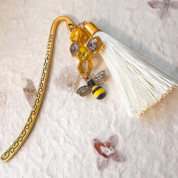 Golden Hive Bookmark honey bee bookmark handmade with real dried flowers in gold honeycomb and rhinestone bee charm