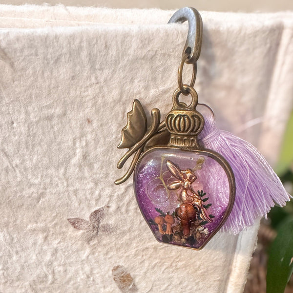 Forest Bottle Bookmark mushroom resin bookmark handmade with gold fairy and purple shimmer resin bottle, antique bronze