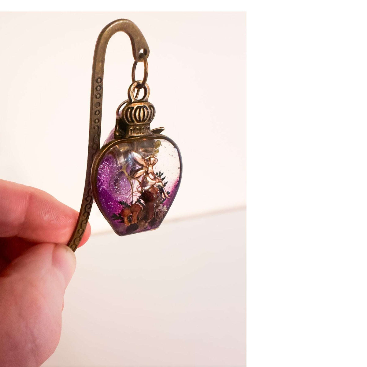 Forest Bottle Bookmark mushroom resin bookmark handmade with gold fairy and purple shimmer resin bottle, antique bronze