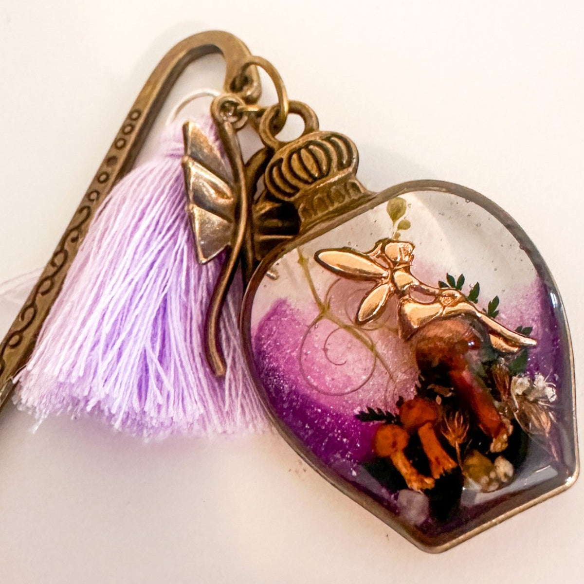 Forest Bottle Bookmark mushroom resin bookmark handmade with gold fairy and purple shimmer resin bottle, antique bronze
