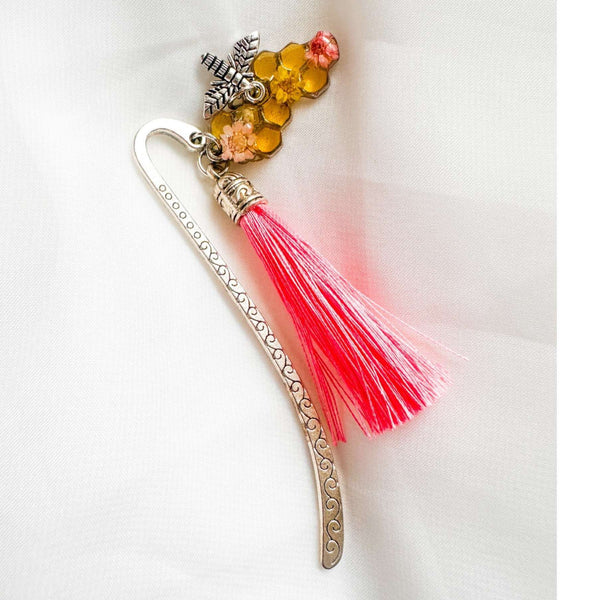 Rose Hive Bookmark honey bee bookmark handmade with silver hook, pink tassel and golden honeycomb resin charm