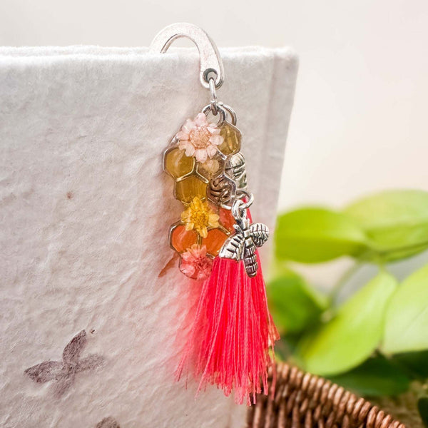 Rose Hive Bookmark honey bee bookmark handmade with silver hook, pink tassel and golden honeycomb resin charm
