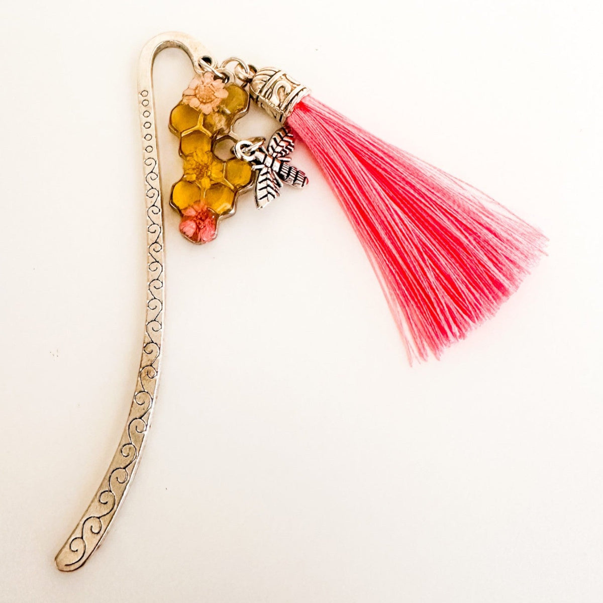 Rose Hive Bookmark honey bee bookmark handmade with silver hook, pink tassel and golden honeycomb resin charm