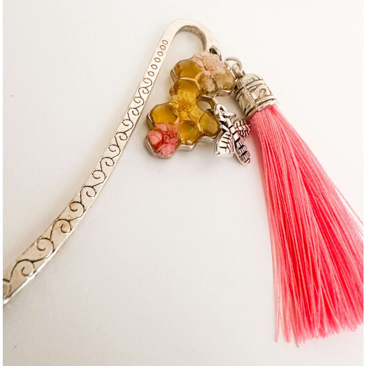 Rose Hive Bookmark honey bee bookmark handmade with silver hook, pink tassel and golden honeycomb resin charm