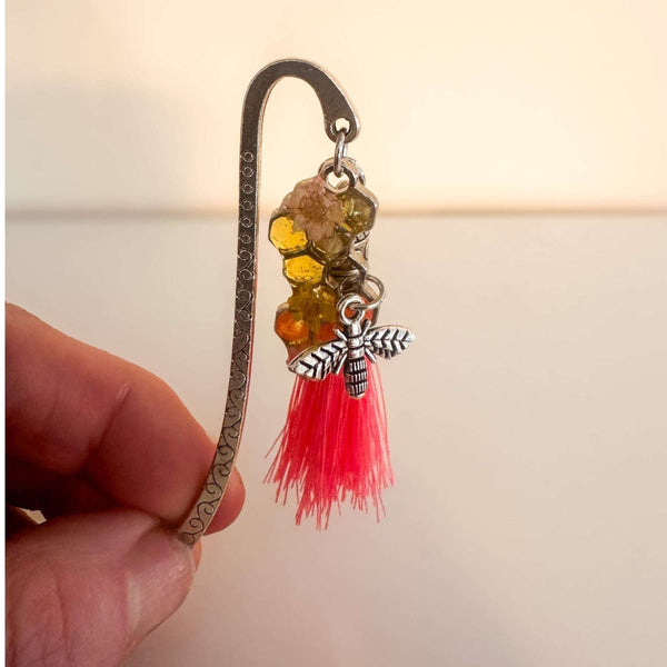 Rose Hive Bookmark honey bee bookmark handmade with silver hook, pink tassel and golden honeycomb resin charm