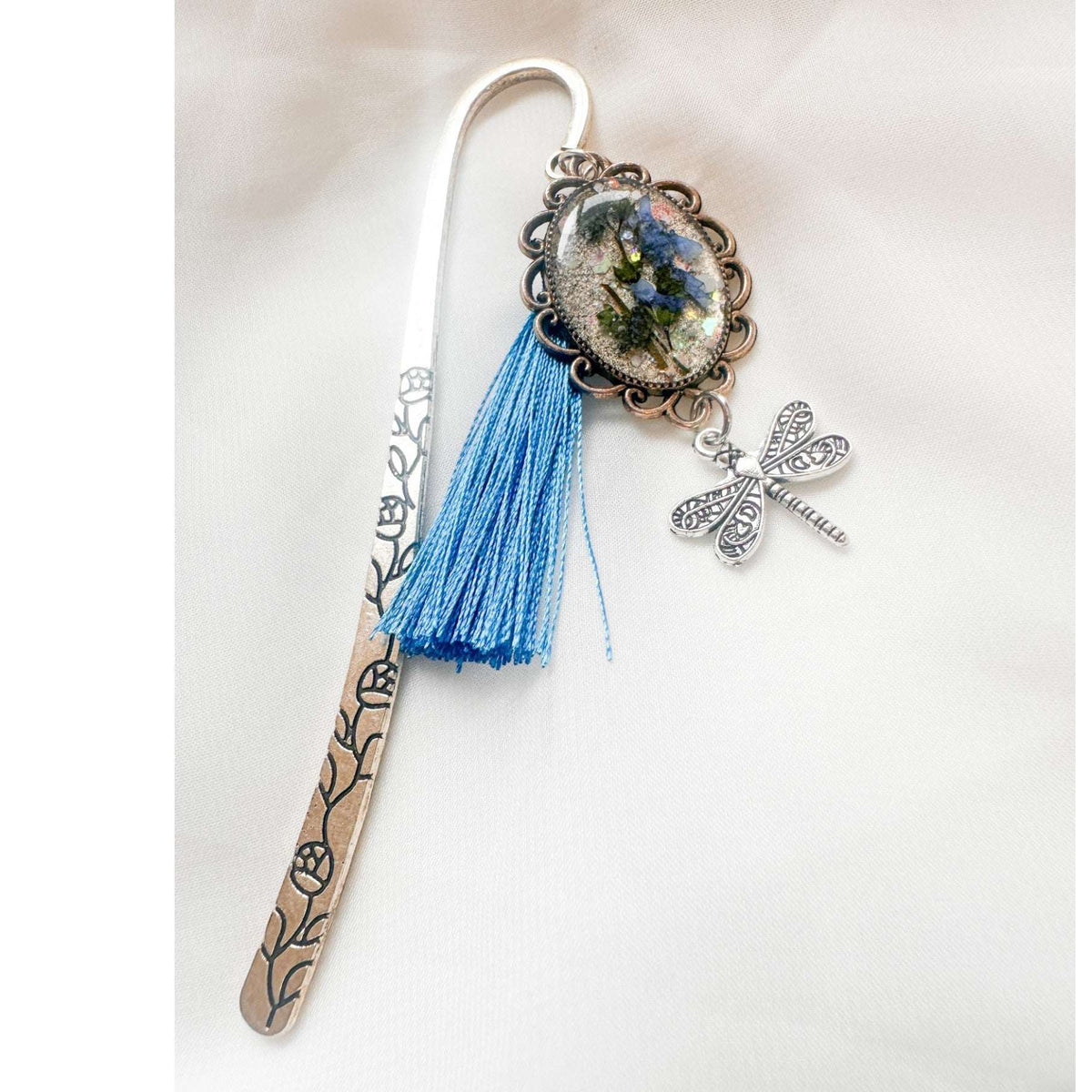 Forget Me Not Bookmark handmade with real pressed forget me nots in antique silver cameo frame and dragonfly charm