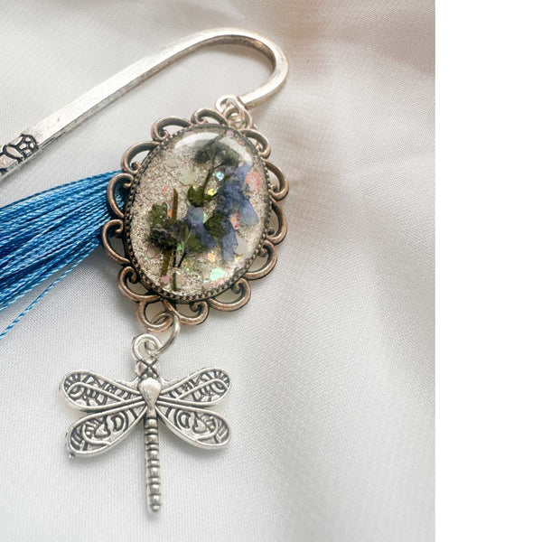 Forget Me Not Bookmark handmade with real pressed forget me nots in antique silver cameo frame and dragonfly charm