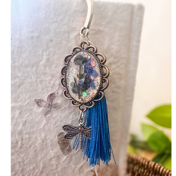 Forget Me Not Bookmark handmade with real pressed forget me nots in antique silver cameo frame and dragonfly charm
