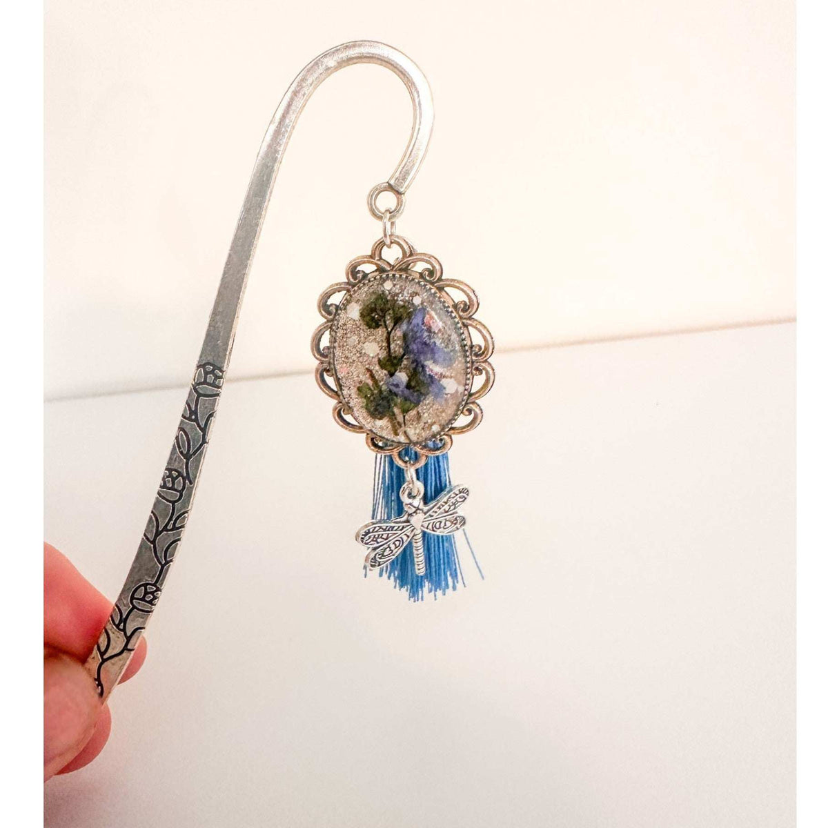 Forget Me Not Bookmark handmade with real pressed forget me nots in antique silver cameo frame and dragonfly charm