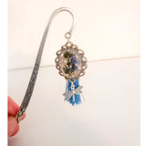 Forget Me Not Bookmark handmade with real pressed forget me nots in antique silver cameo frame and dragonfly charm