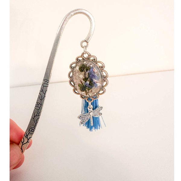 Forget Me Not Bookmark handmade with real pressed forget me nots in antique silver cameo frame and dragonfly charm
