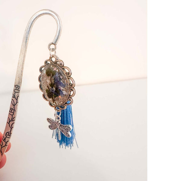 Forget Me Not Bookmark handmade with real pressed forget me nots in antique silver cameo frame and dragonfly charm