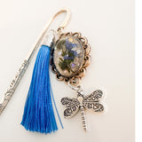 Forget Me Not Bookmark handmade with real pressed forget me nots in antique silver cameo frame and dragonfly charm