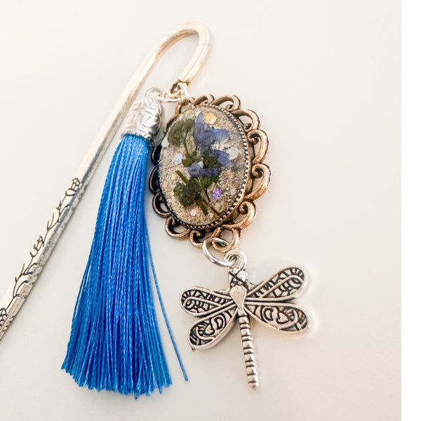 Forget Me Not Bookmark handmade with real pressed forget me nots in antique silver cameo frame and dragonfly charm