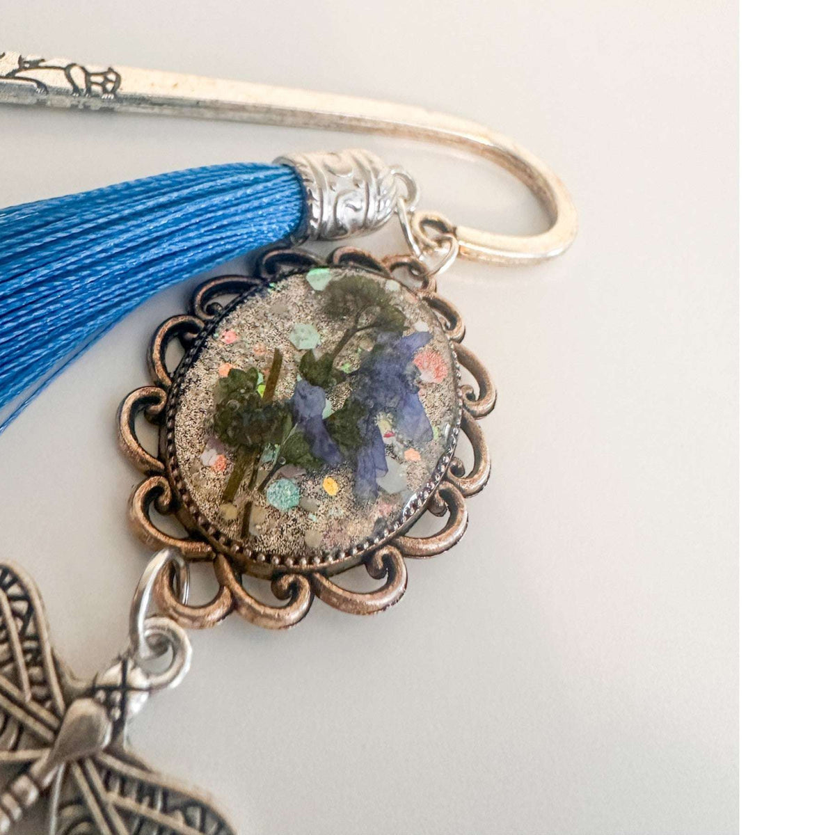 Forget Me Not Bookmark handmade with real pressed forget me nots in antique silver cameo frame and dragonfly charm
