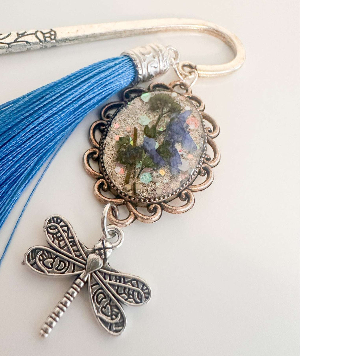 Forget Me Not Bookmark handmade with real pressed forget me nots in antique silver cameo frame and dragonfly charm