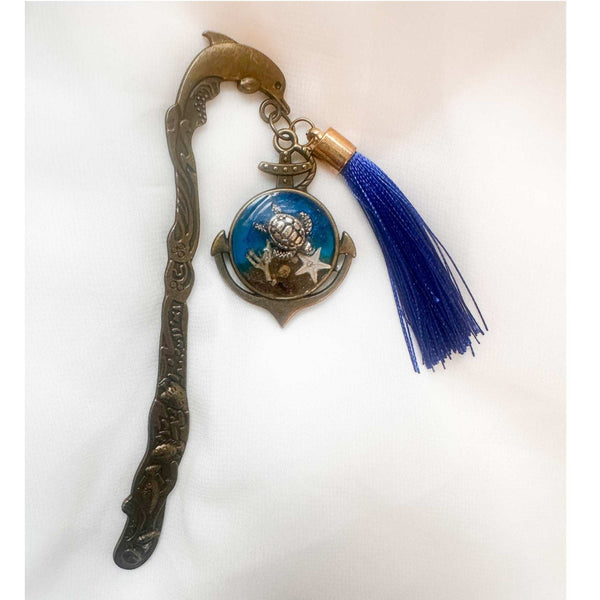 Ocean Anchor Bookmark ocean resin bookmark handmade with real sand seashells and sea turtle in antique bronze anchor charm
