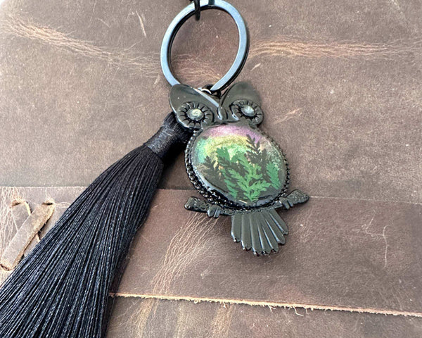 Northern Night Owl Bag Charm – Handmade with Ferns & Aurora Glow