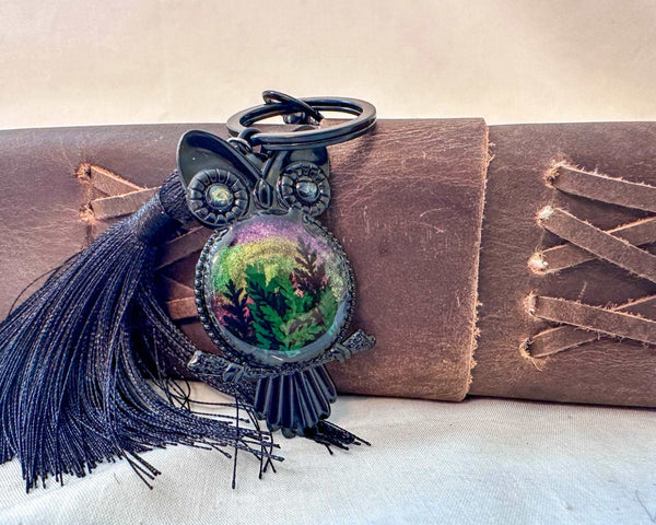 Northern Night Owl Bag Charm – Handmade with Ferns & Aurora Glow