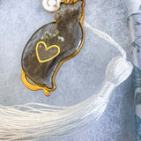Handmade custom cat-shaped memorial pet resin keychain with botanicals and personalized charms