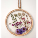 Wildflower Hoop Suncatcher botanical resin hoop suncatcher with real purple daisies ferns and bunny tails in wood frame, handmade Canada