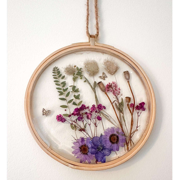 Wildflower Hoop Suncatcher botanical resin hoop suncatcher with real purple daisies ferns and bunny tails in wood frame, handmade Canada