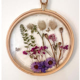 Wildflower Hoop Suncatcher botanical resin hoop suncatcher with real purple daisies ferns and bunny tails in wood frame, handmade Canada