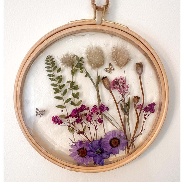 Wildflower Hoop Suncatcher botanical resin hoop suncatcher with real purple daisies ferns and bunny tails in wood frame, handmade Canada