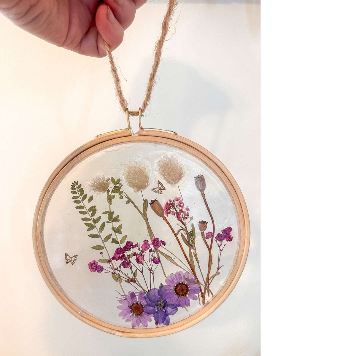 Wildflower Hoop Suncatcher botanical resin hoop suncatcher with real purple daisies ferns and bunny tails in wood frame, handmade Canada