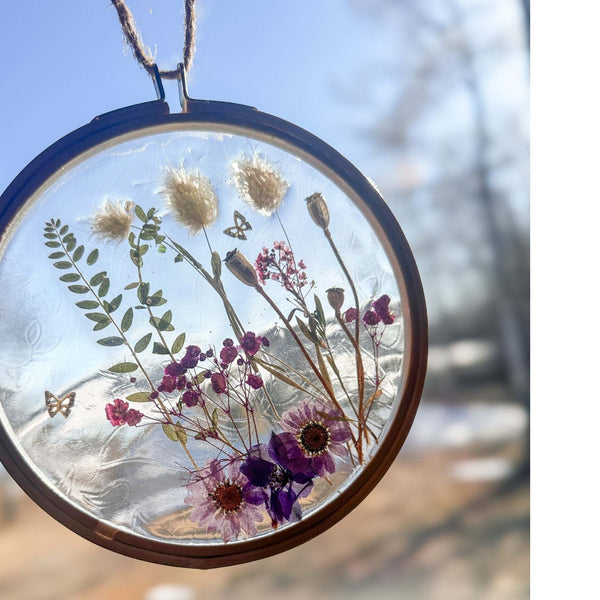Wildflower Hoop Suncatcher botanical resin hoop suncatcher with real purple daisies ferns and bunny tails in wood frame, handmade Canada