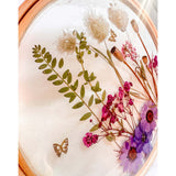 Wildflower Hoop Suncatcher botanical resin hoop suncatcher with real purple daisies ferns and bunny tails in wood frame, handmade Canada