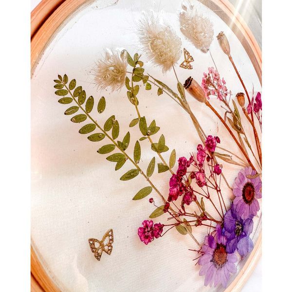 Wildflower Hoop Suncatcher botanical resin hoop suncatcher with real purple daisies ferns and bunny tails in wood frame, handmade Canada