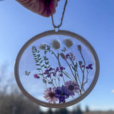 Wildflower Hoop Suncatcher botanical resin hoop suncatcher with real purple daisies ferns and bunny tails in wood frame, handmade Canada
