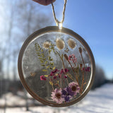 Wildflower Hoop Suncatcher botanical resin hoop suncatcher with real purple daisies ferns and bunny tails in wood frame, handmade Canada