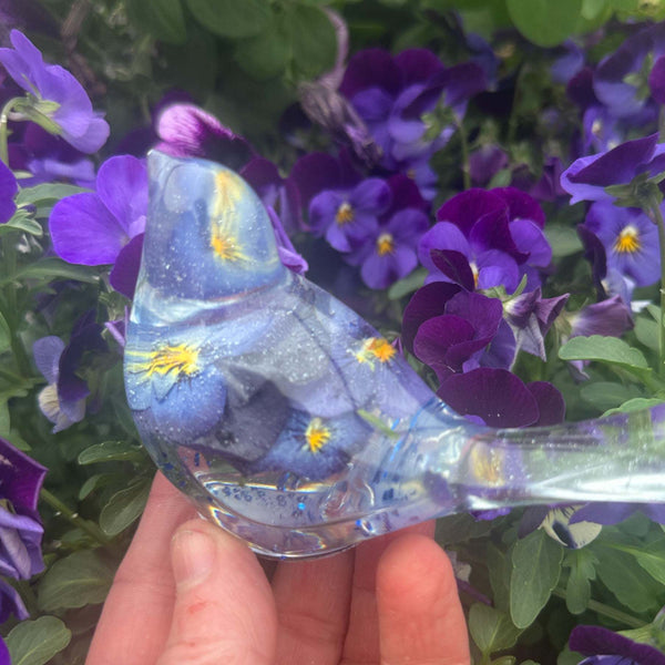 Pansy Songbird - Handmade Resin Bird Decor with Real Pansy Flowers