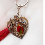 Scarlet Heart Bag Charm floral heart bag charm handmade with real dried red flowers dragonfly charm and red tassel