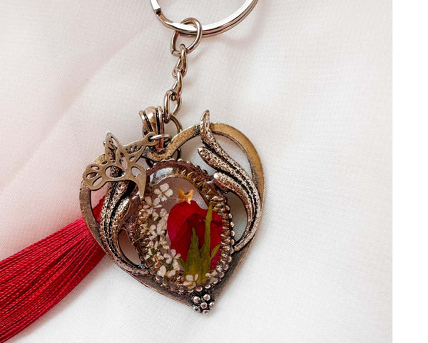Scarlet Heart Bag Charm floral heart bag charm handmade with real dried red flowers dragonfly charm and red tassel