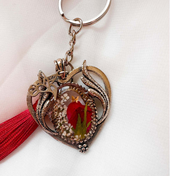 Scarlet Heart Bag Charm floral heart bag charm handmade with real dried red flowers dragonfly charm and red tassel