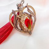 Scarlet Heart Bag Charm floral heart bag charm handmade with real dried red flowers dragonfly charm and red tassel