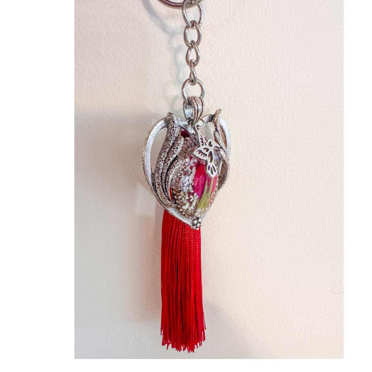 Scarlet Heart Bag Charm floral heart bag charm handmade with real dried red flowers dragonfly charm and red tassel