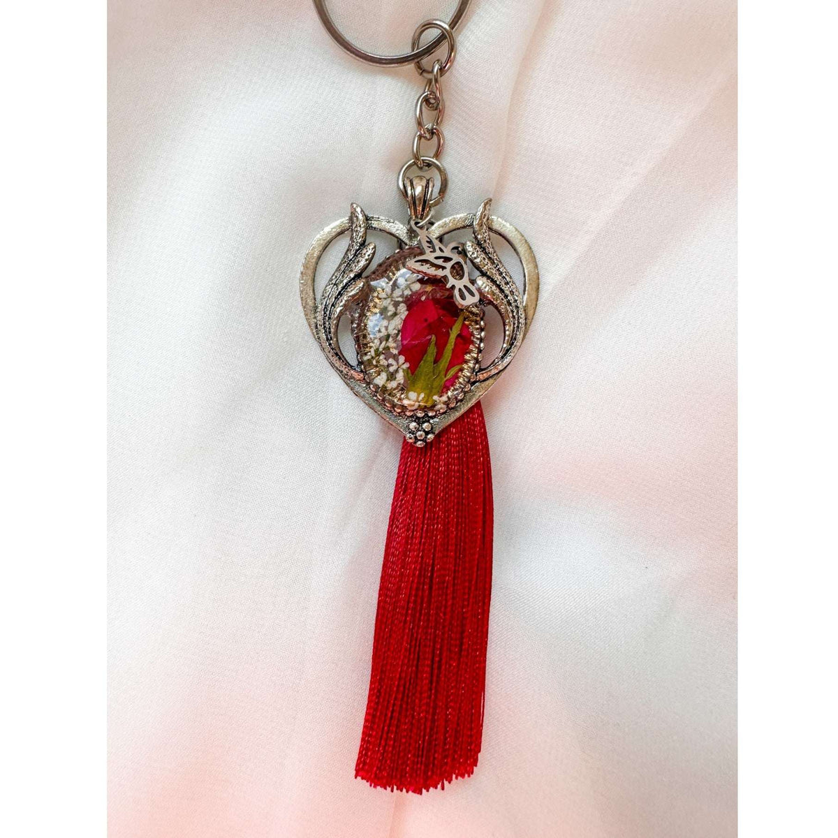 Scarlet Heart Bag Charm floral heart bag charm handmade with real dried red flowers dragonfly charm and red tassel