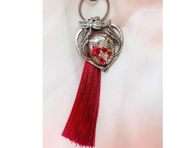 Scarlet Heart Bag Charm floral heart bag charm handmade with real dried red flowers dragonfly charm and red tassel