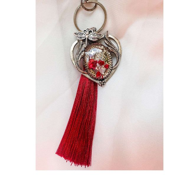 Scarlet Heart Bag Charm floral heart bag charm handmade with real dried red flowers dragonfly charm and red tassel