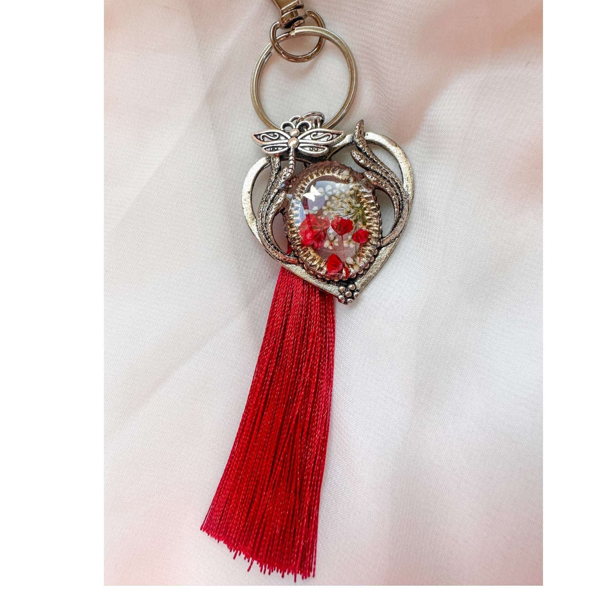 Scarlet Heart Bag Charm floral heart bag charm handmade with real dried red flowers dragonfly charm and red tassel