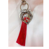 Scarlet Heart Bag Charm floral heart bag charm handmade with real dried red flowers dragonfly charm and red tassel