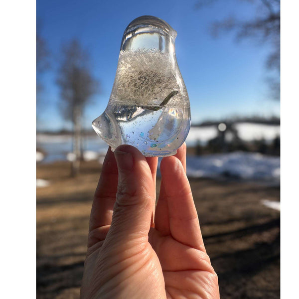 Wish Keeper Songbird dandelion resin bird decor with whole preserved dandelion clock in clear resin, handmade Canada