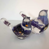 Pansy Garden Duo pansy resin bird pair with real deep purple pansies and thyme flowers in clear resin, handmade Canada